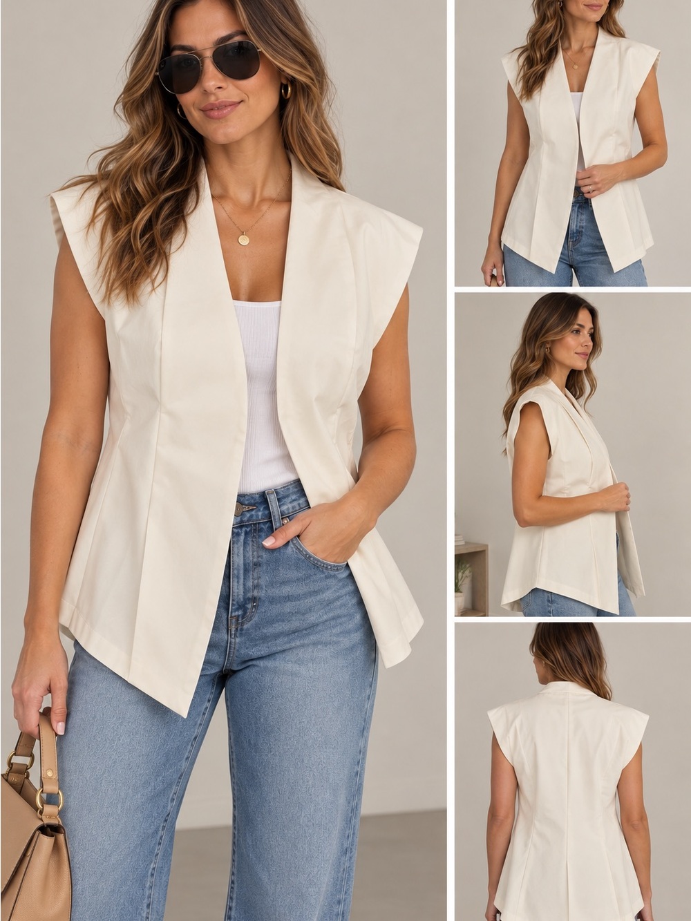 Commense Cream Sleeveless Structured Blazer Vest